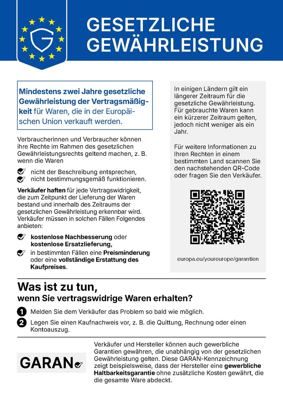 Gesetzliche Gewährleistung (EU-Gewährleistungslabel): mindestens 2 Jahre gesetzliches Gewährleistungsrecht